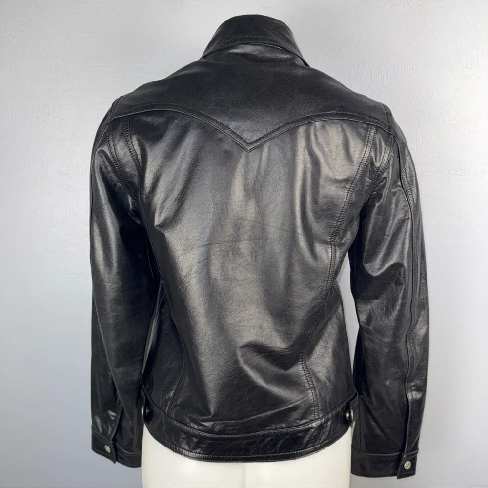 GUESS Jacket‎ Women’s S Black Genuine Leather 5-Snap Button Front Trucker *READ